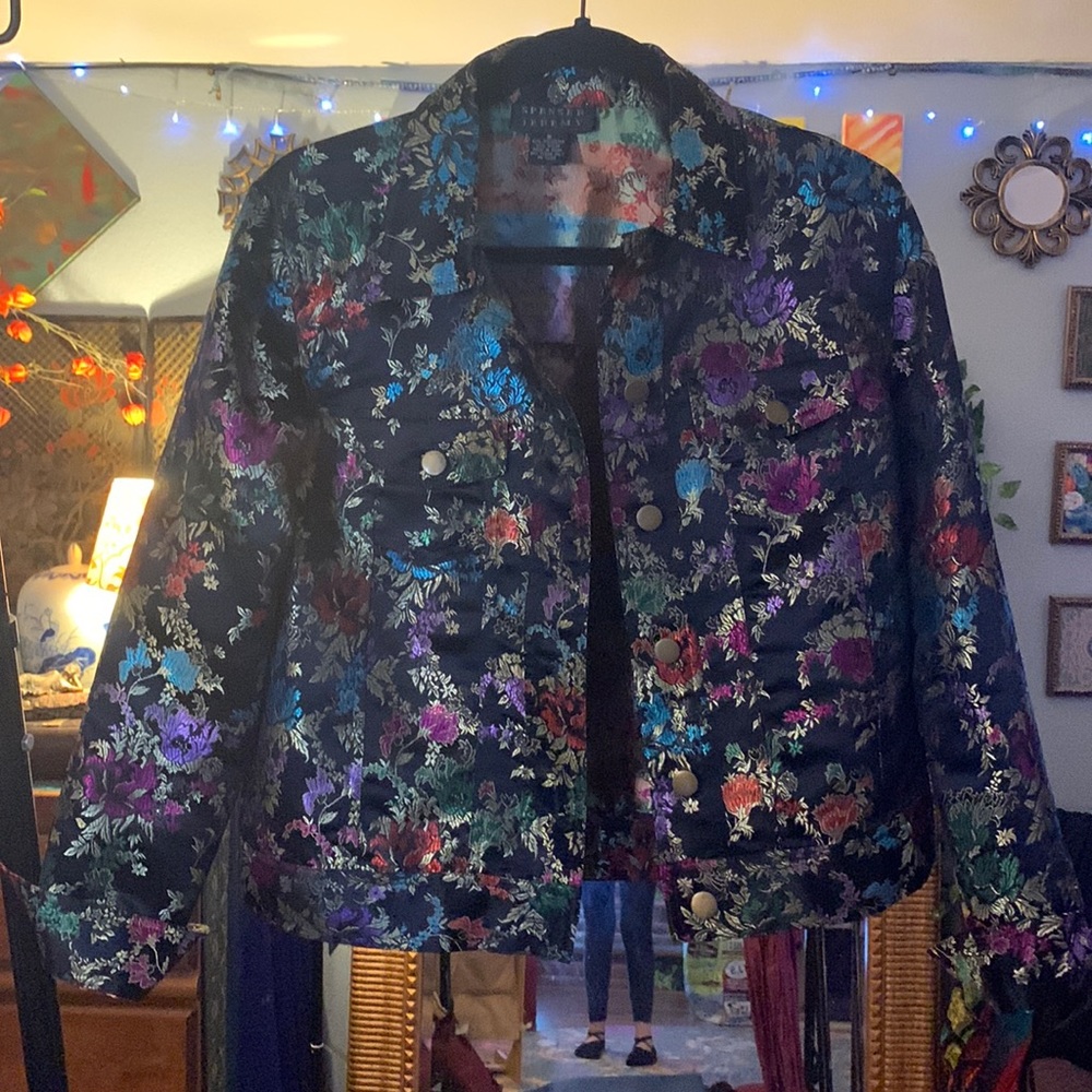 Beautiful black & bright floral “denim-style” jacket
